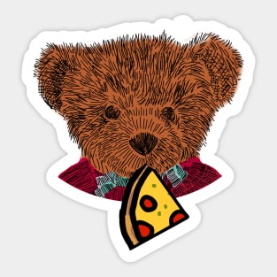 Cute Teddy Bear Portrait with Pepperoni Pizza Slice Sticker